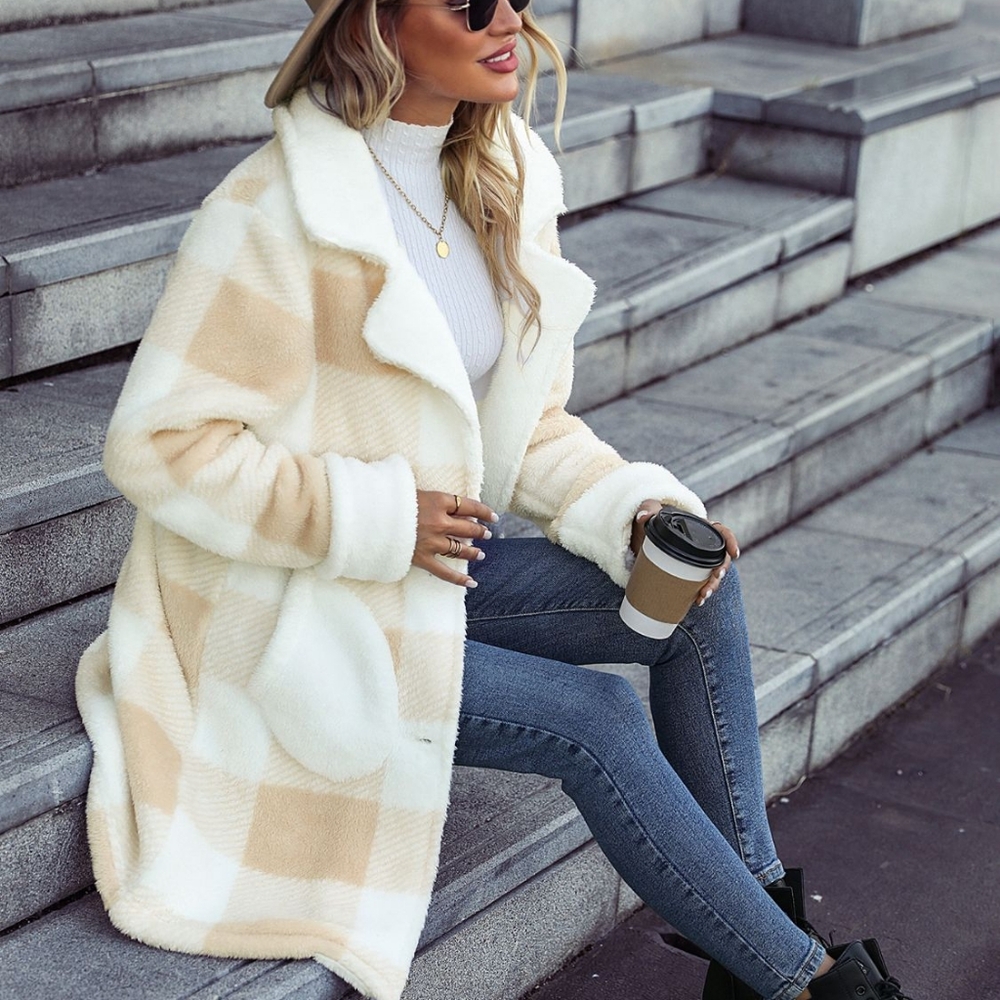 Beige Warm Plaid Button Coat - Picture 7 of 8